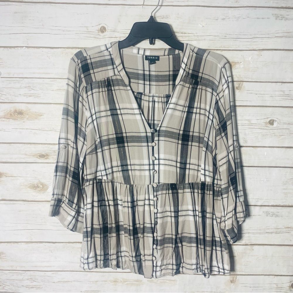 Torrid Women's 3/4 Sleeve‎ Plaid Button-Down Top Size 1